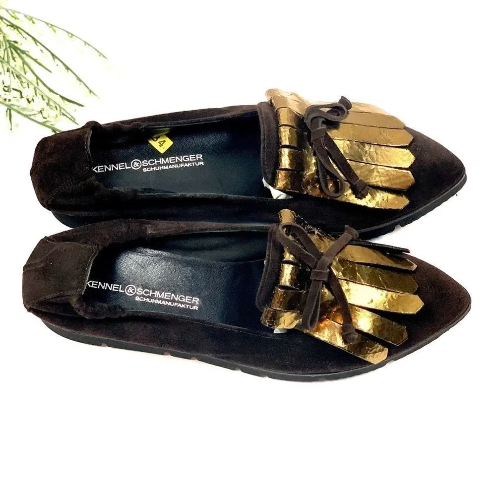 NWT Kennel & Schmenger Brown Suede Fringe Pointy Toe Flats